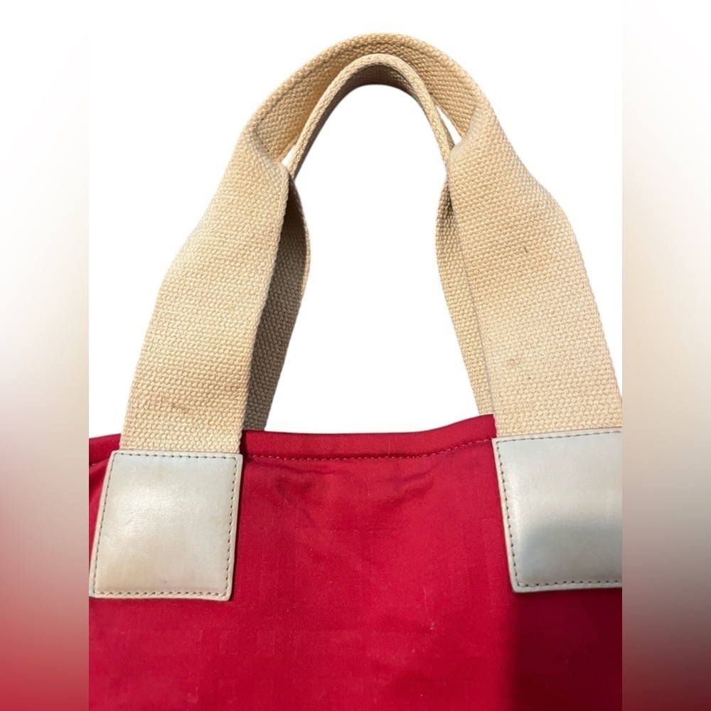 BURBERRY Red Canvas Ivory Fabric Leather Handles Satchel Tote Bag Made in Italy - Picture 12 of 16